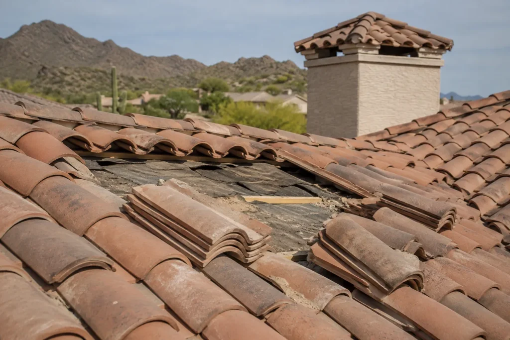 Roofing Contractor in Scottsdale, AZ Repairing Roofing Materials on a Custom Southwestern-Style Home